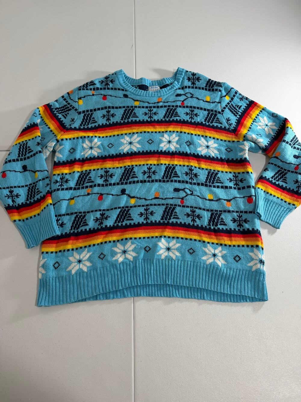 Aldi Gear Ugly Christmas Sweater Mens XL Blue Fair Isle String Lights Holiday
